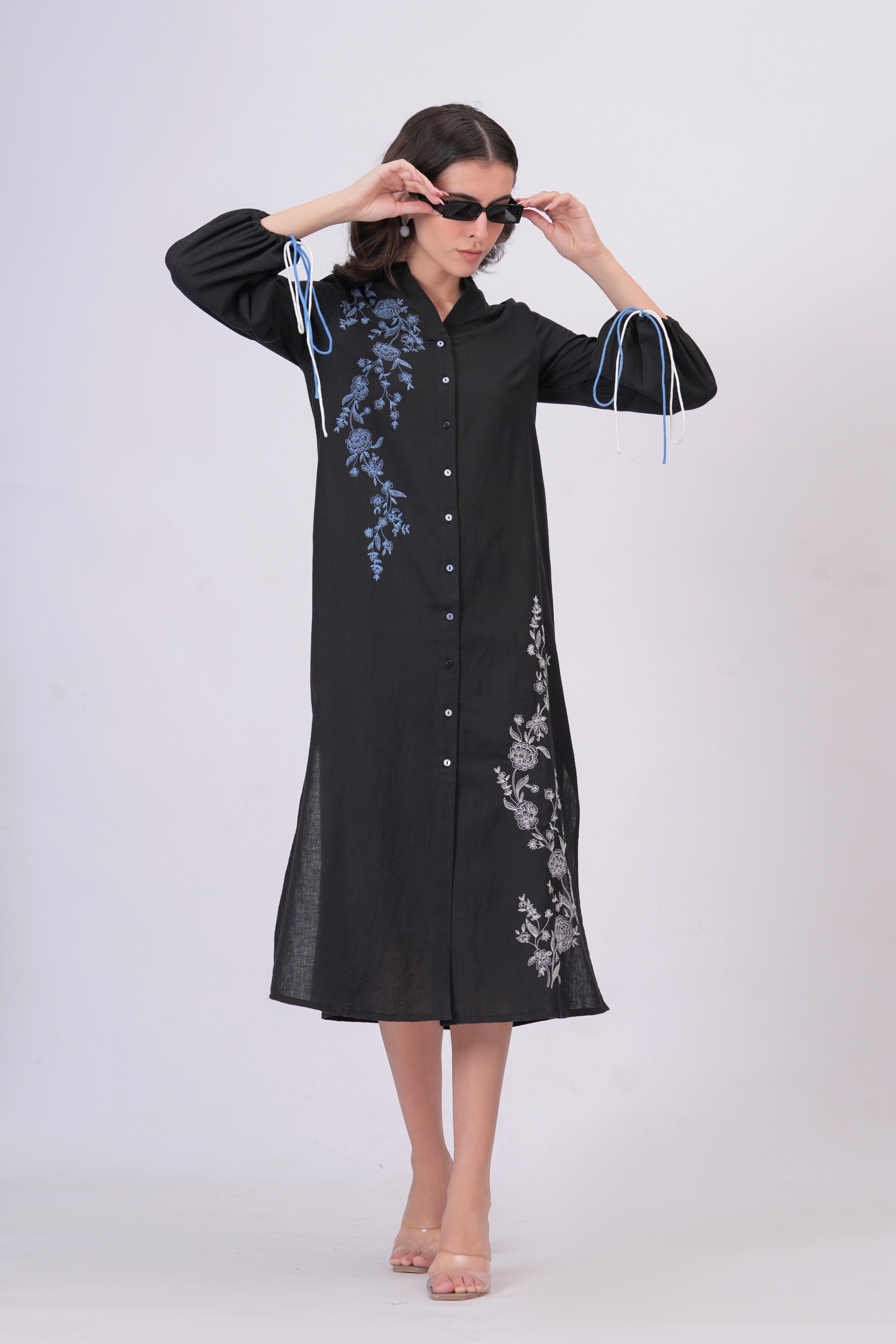 Black Longline Button-Down Dress with Floral Thread Embroidery & Balloon Sleeves