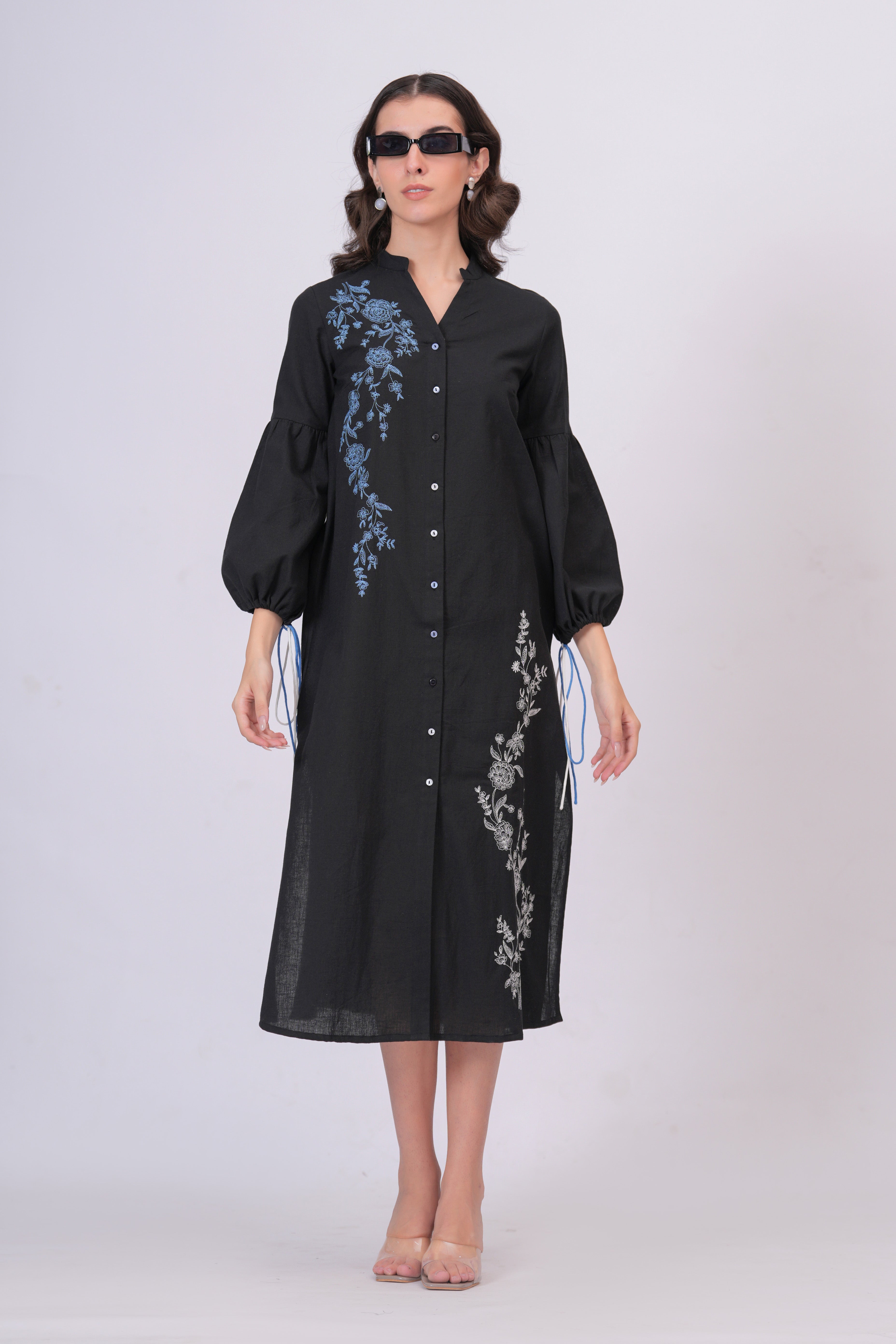 Black Longline Button-Down Dress with Floral Thread Embroidery & Balloon Sleeves