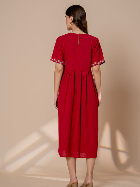 Timeless Red Cotton Embroidered Midi Dress
