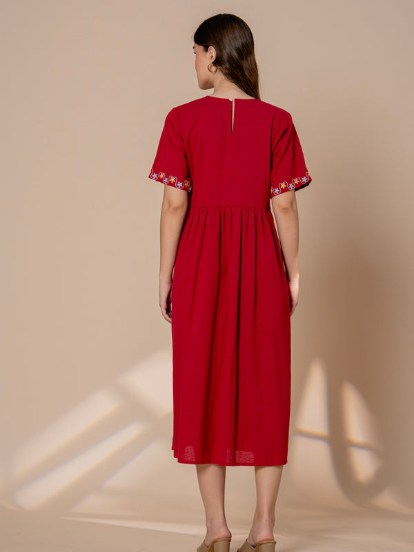 Timeless Red Cotton Embroidered Midi Dress
