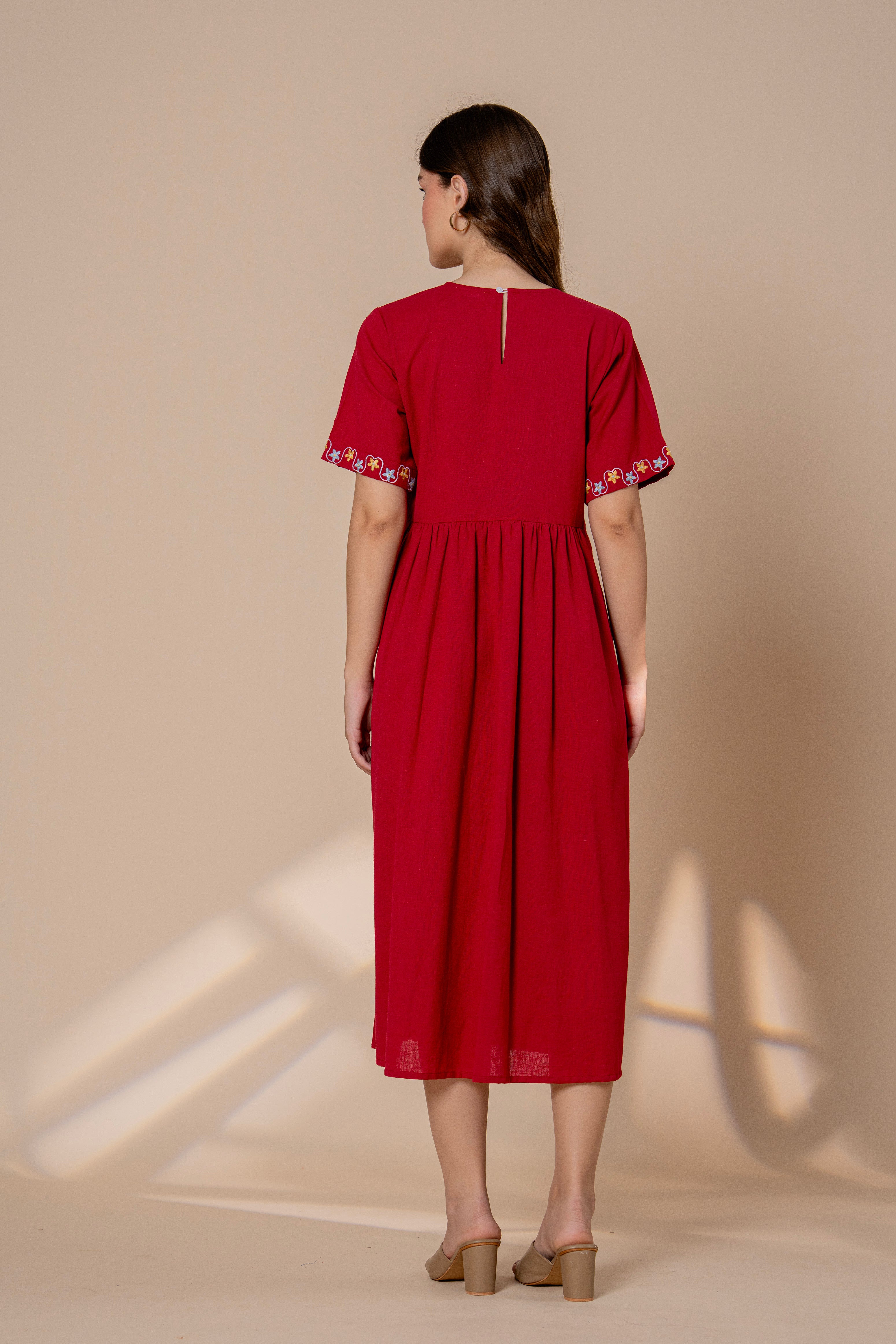 Timeless Red Cotton Embroidered Midi Dress