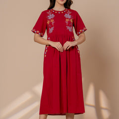 Timeless Red Cotton Embroidered Midi Dress