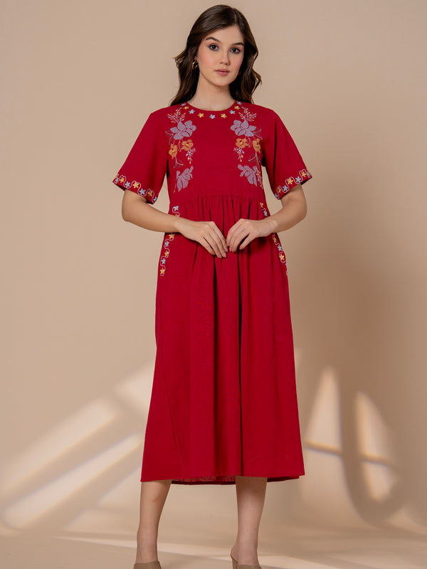 Timeless Red Cotton Embroidered Midi Dress
