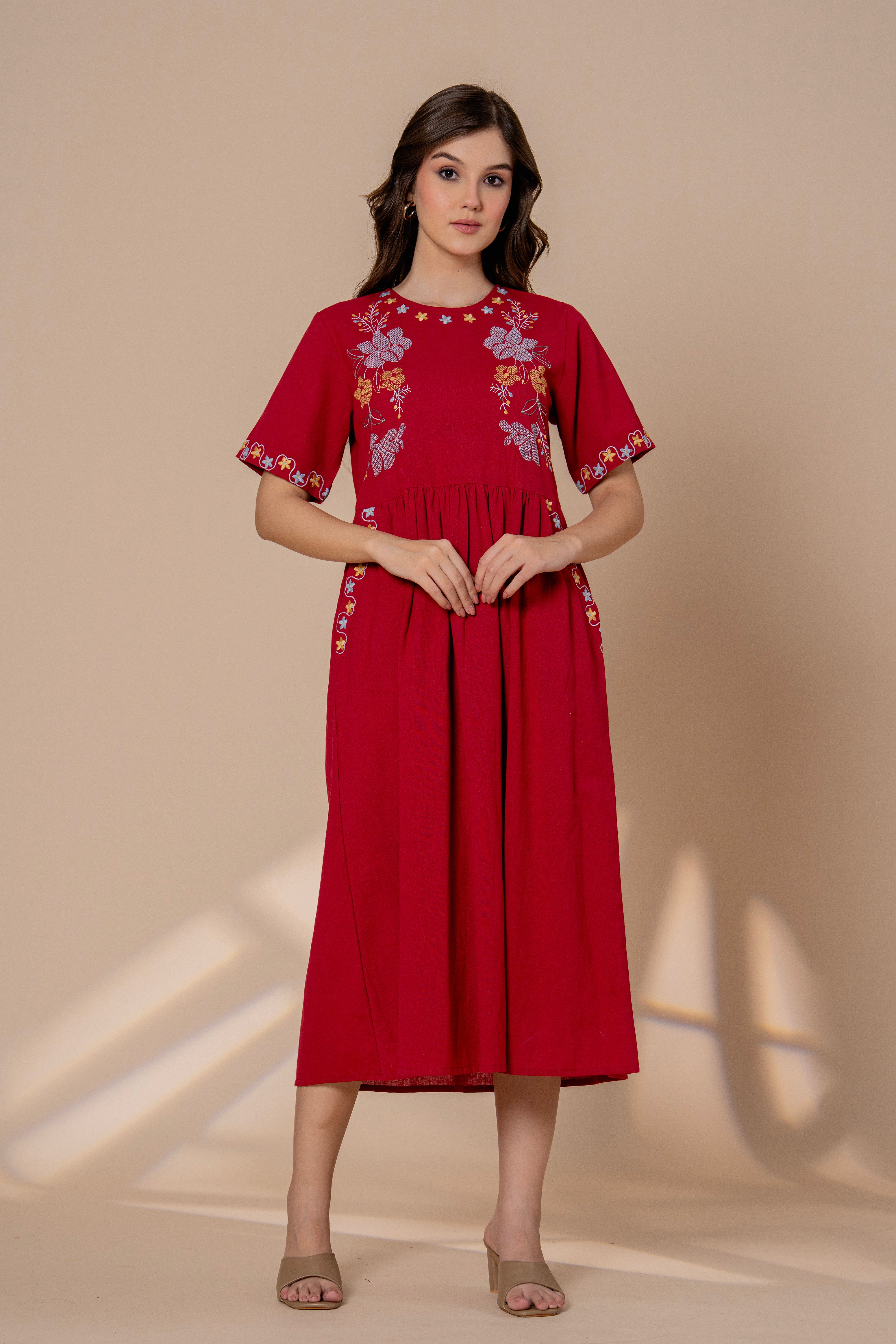 Timeless Red Cotton Embroidered Midi Dress