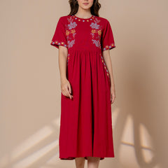 Timeless Red Cotton Embroidered Midi Dress