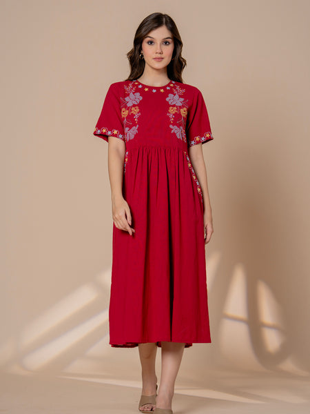Timeless Hot Pink Cotton Embroidered Midi Dress