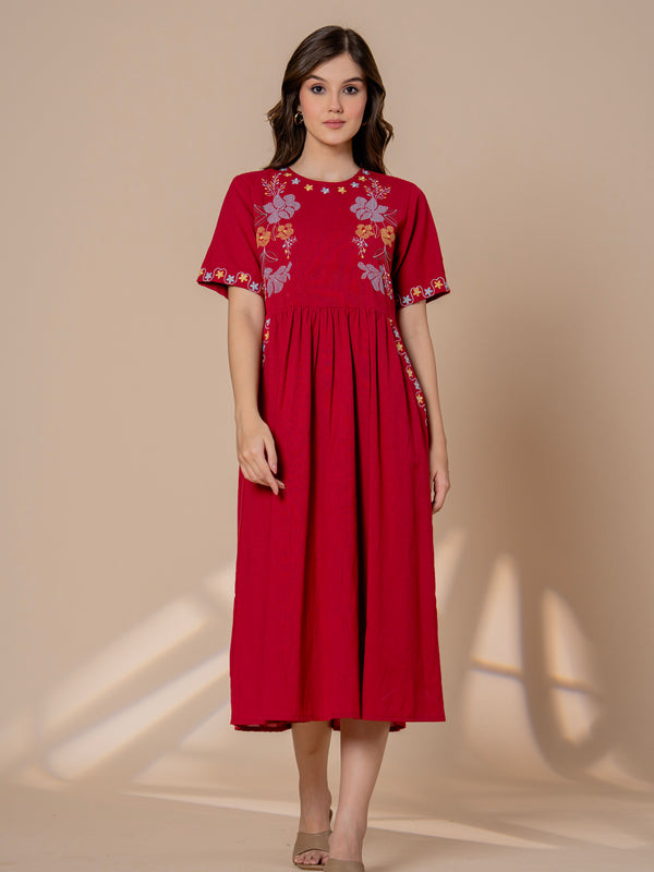 Timeless Red Cotton Embroidered Midi Dress
