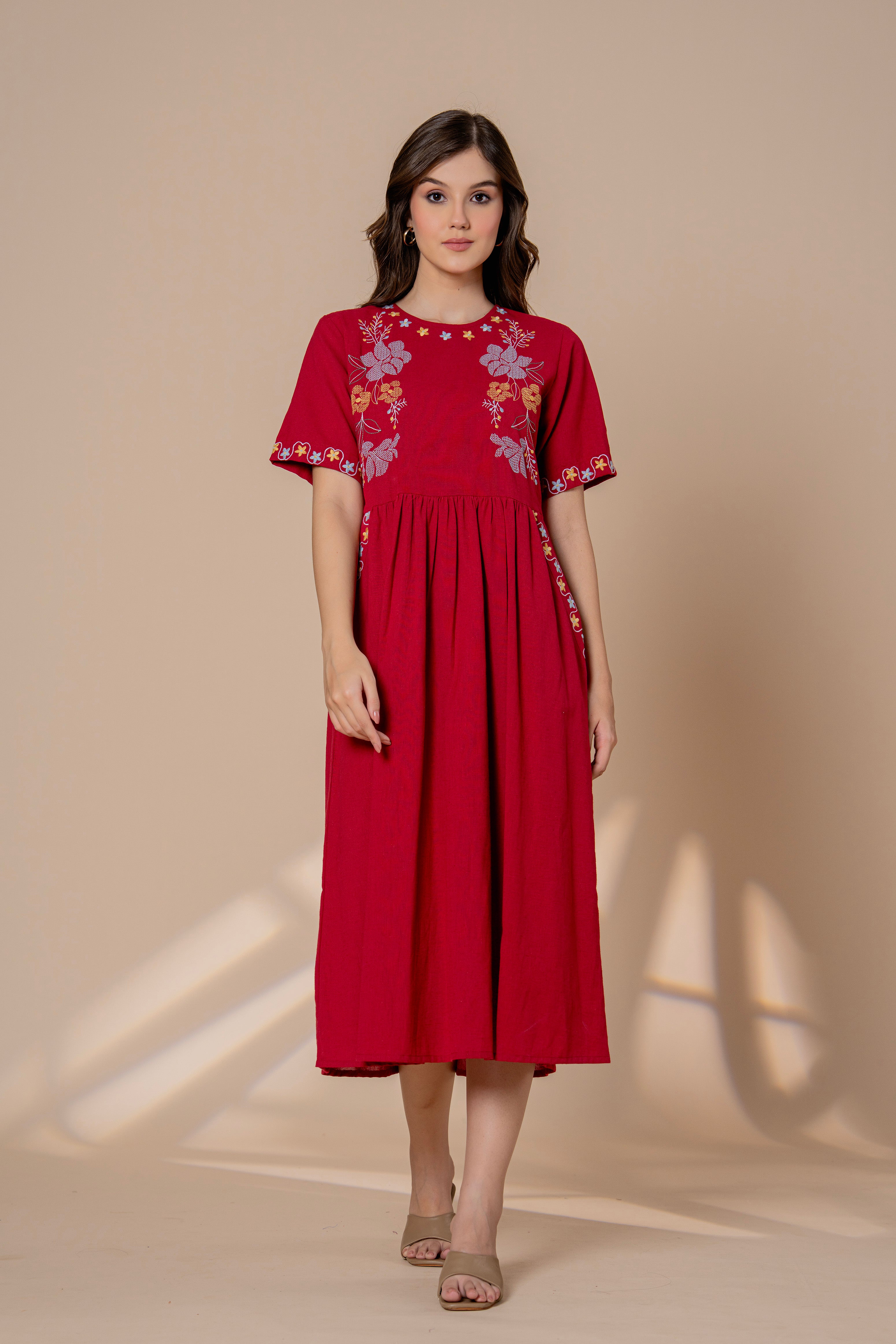 Timeless Red Cotton Embroidered Midi Dress