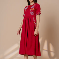 Timeless Red Cotton Embroidered Midi Dress