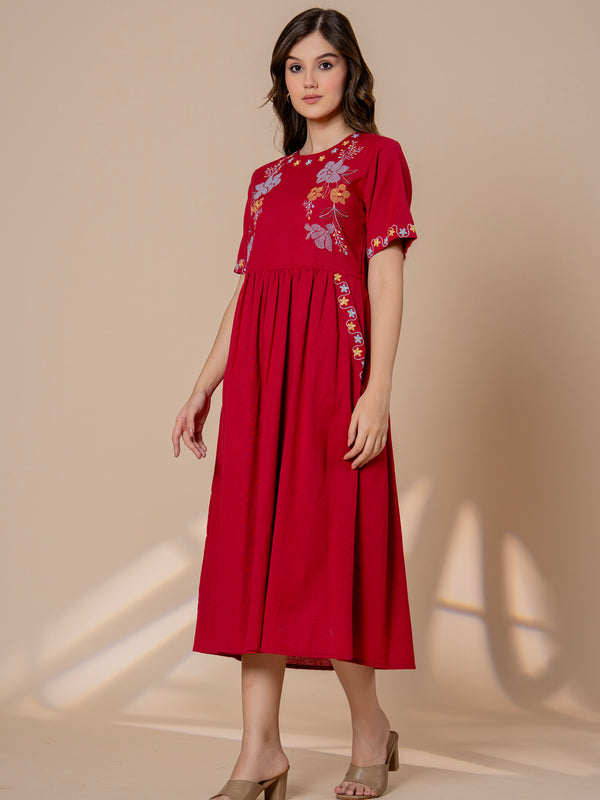 Timeless Red Cotton Embroidered Midi Dress