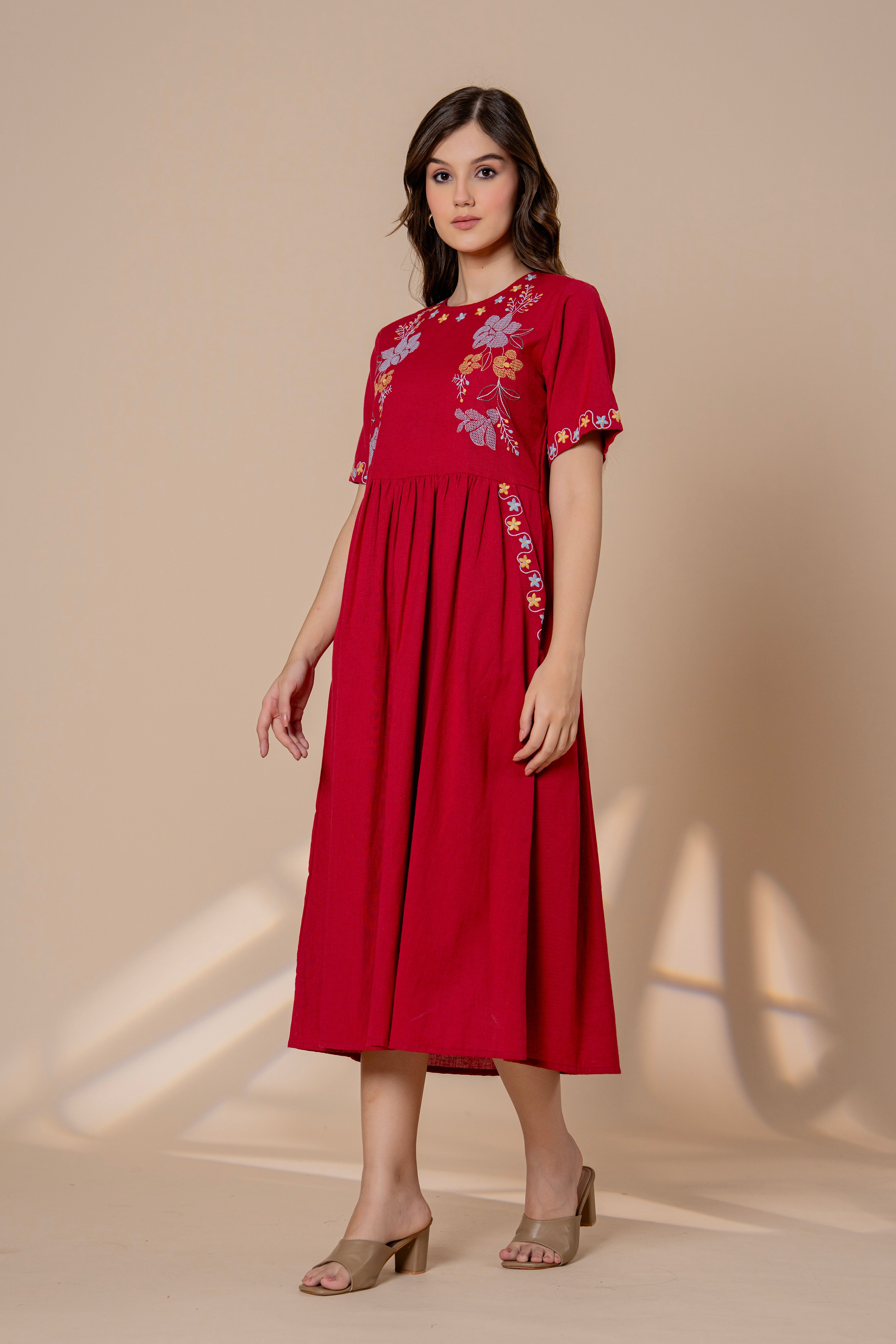 Timeless Red Cotton Embroidered Midi Dress