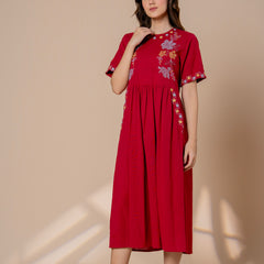Timeless Red Cotton Embroidered Midi Dress