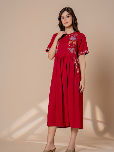 Timeless Red Cotton Embroidered Midi Dress