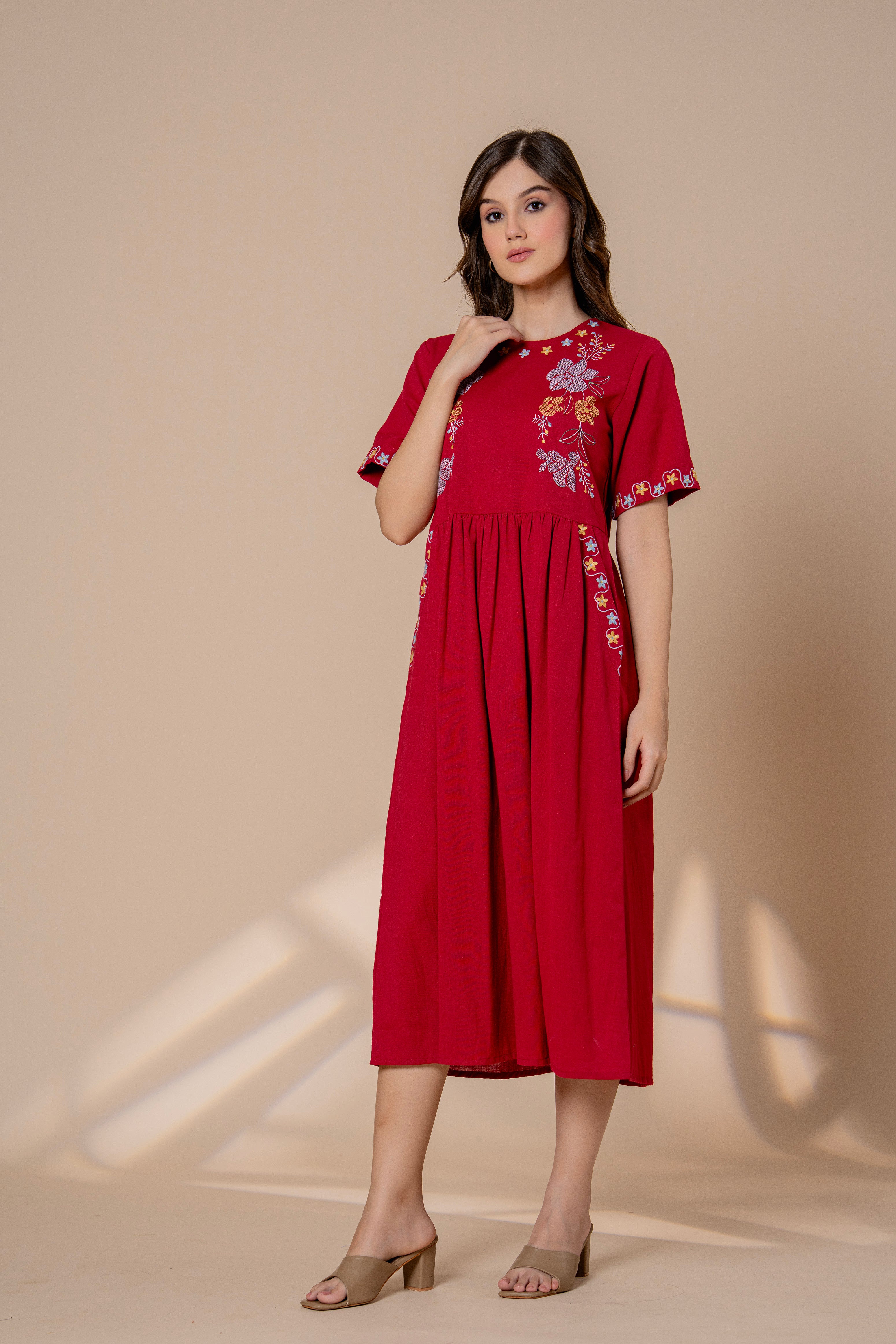 Timeless Red Cotton Embroidered Midi Dress