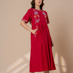 Timeless Red Cotton Embroidered Midi Dress