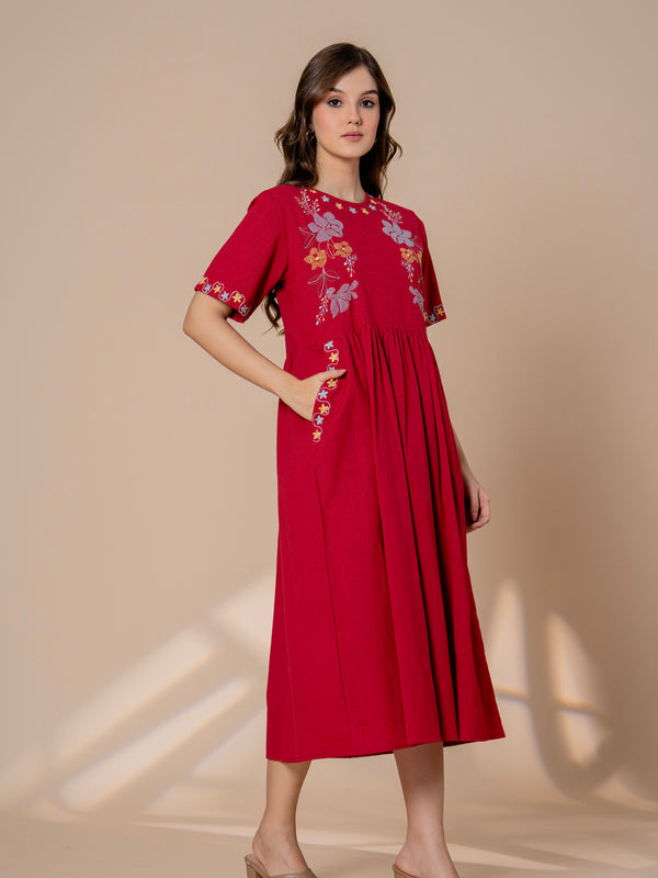 Timeless Red Cotton Embroidered Midi Dress