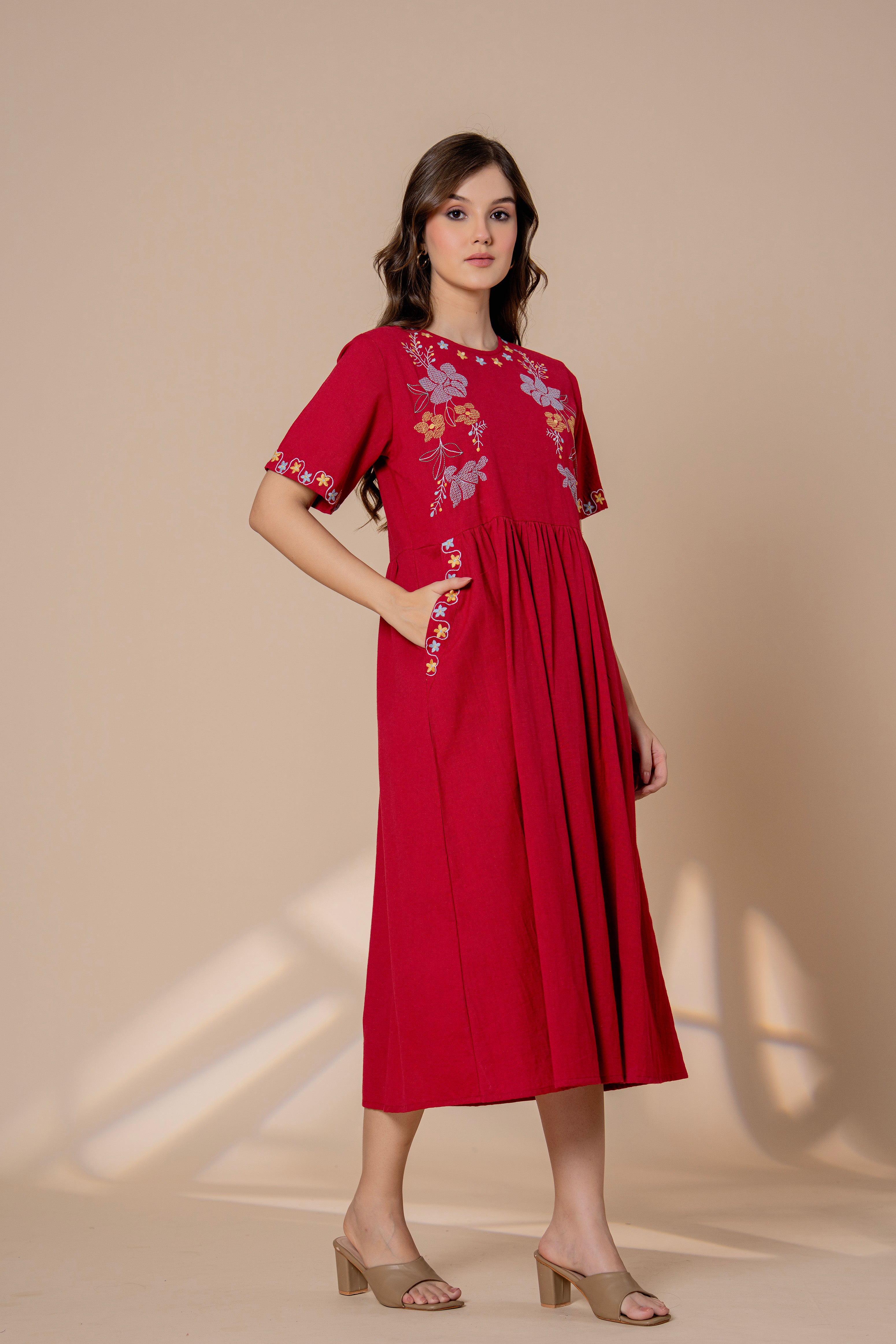 Timeless Red Cotton Embroidered Midi Dress