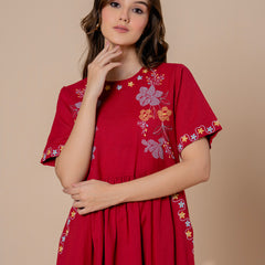 Timeless Red Cotton Embroidered Midi Dress