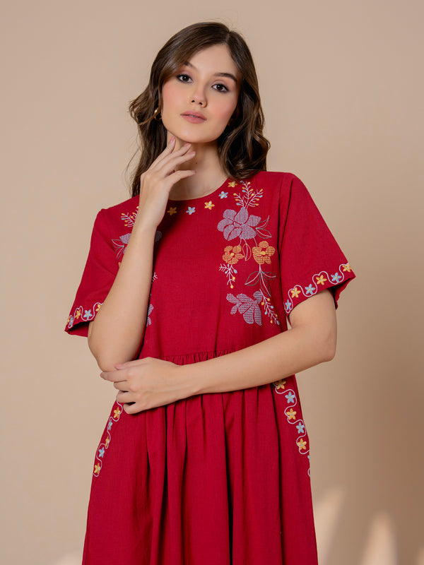 Timeless Red Cotton Embroidered Midi Dress
