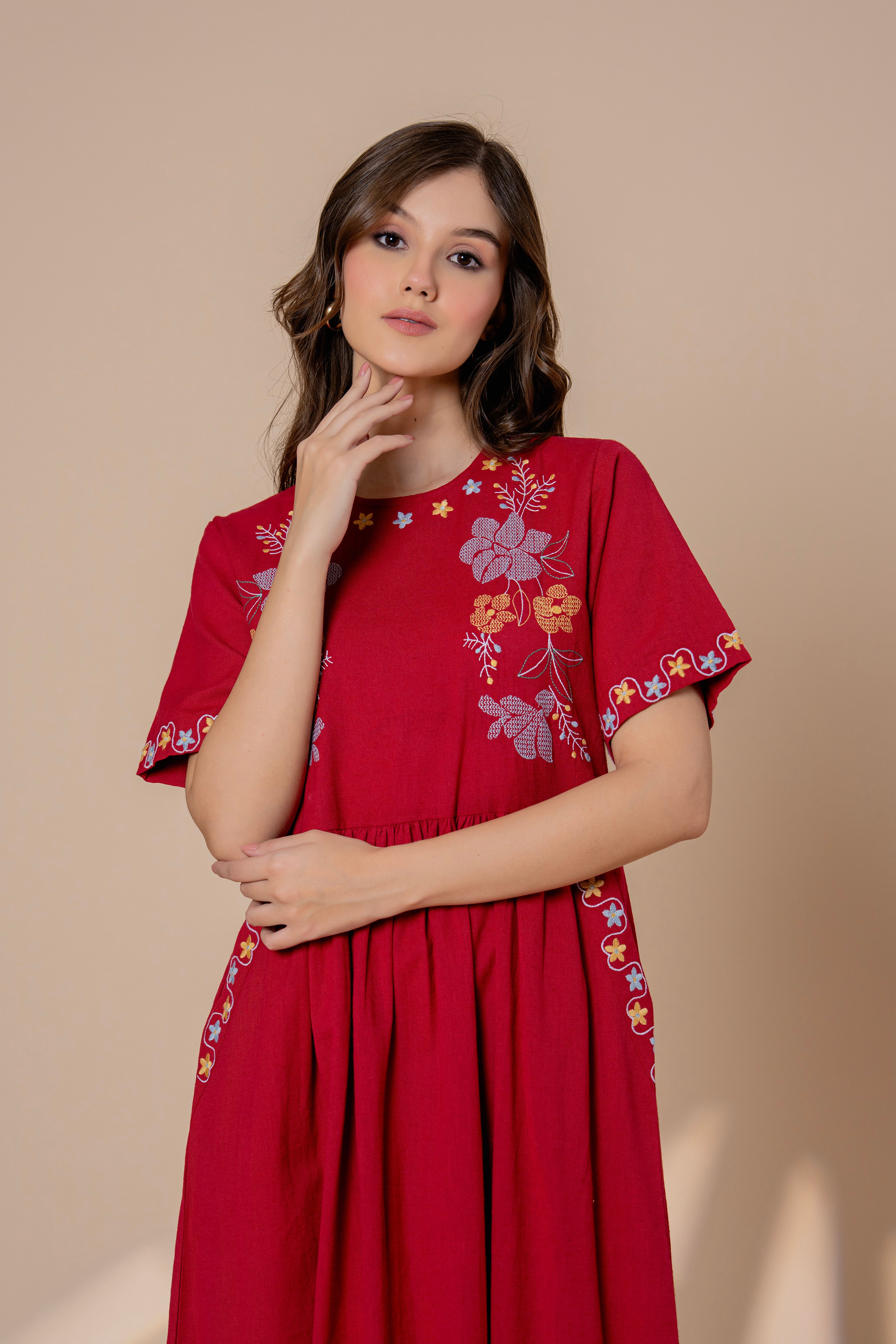 Timeless Red Cotton Embroidered Midi Dress
