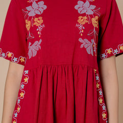 Timeless Red Cotton Embroidered Midi Dress