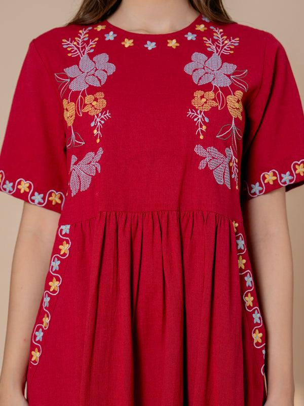 Timeless Red Cotton Embroidered Midi Dress