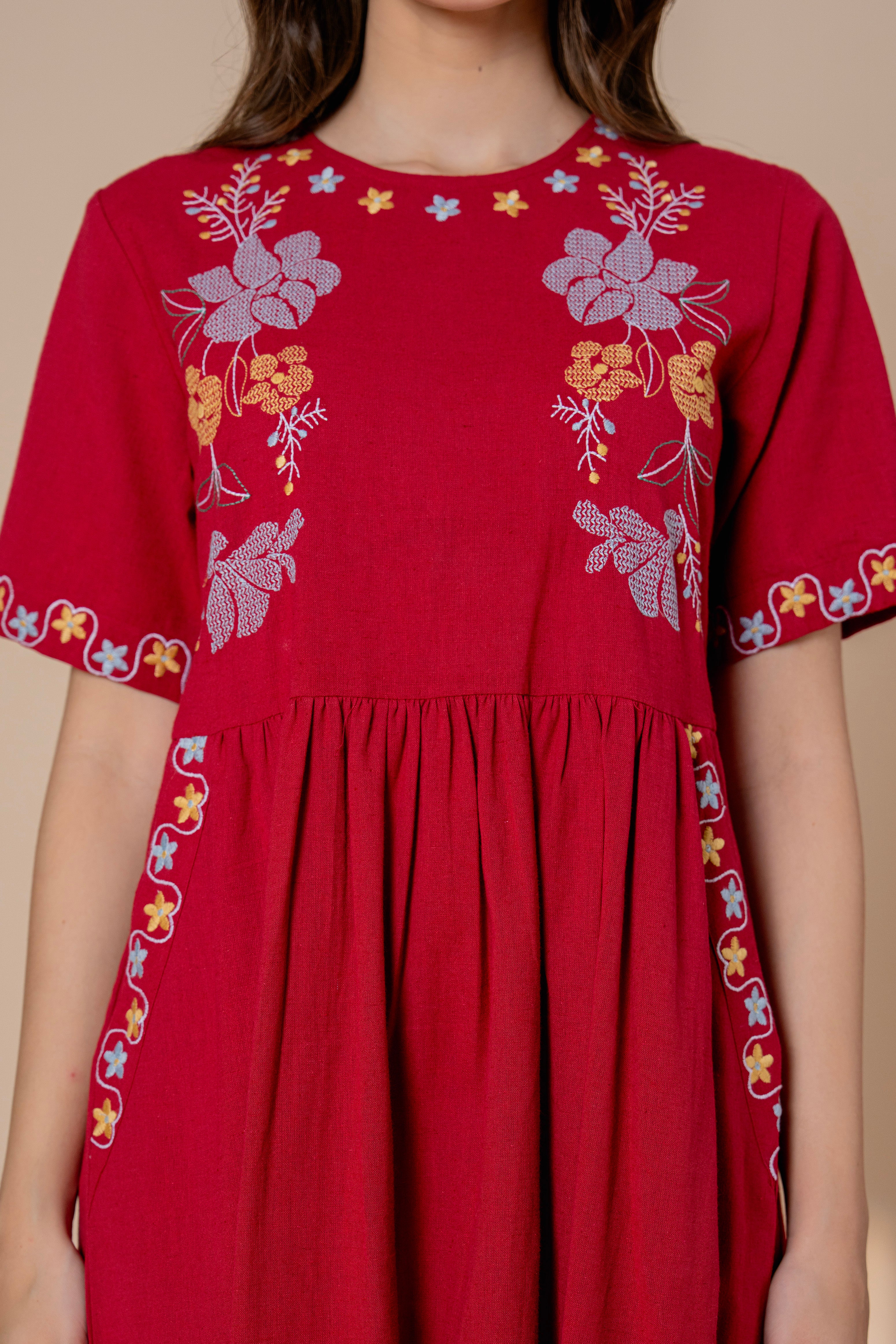 Timeless Red Cotton Embroidered Midi Dress