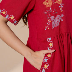 Timeless Red Cotton Embroidered Midi Dress
