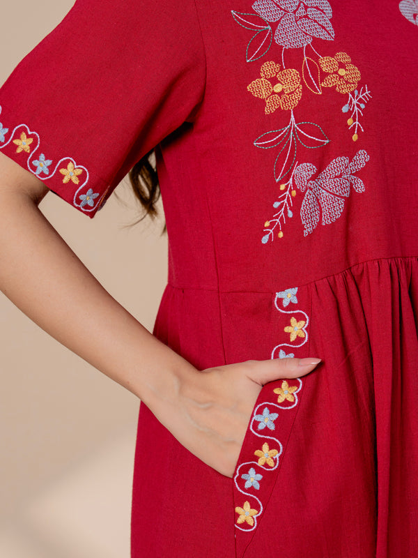 Timeless Red Cotton Embroidered Midi Dress