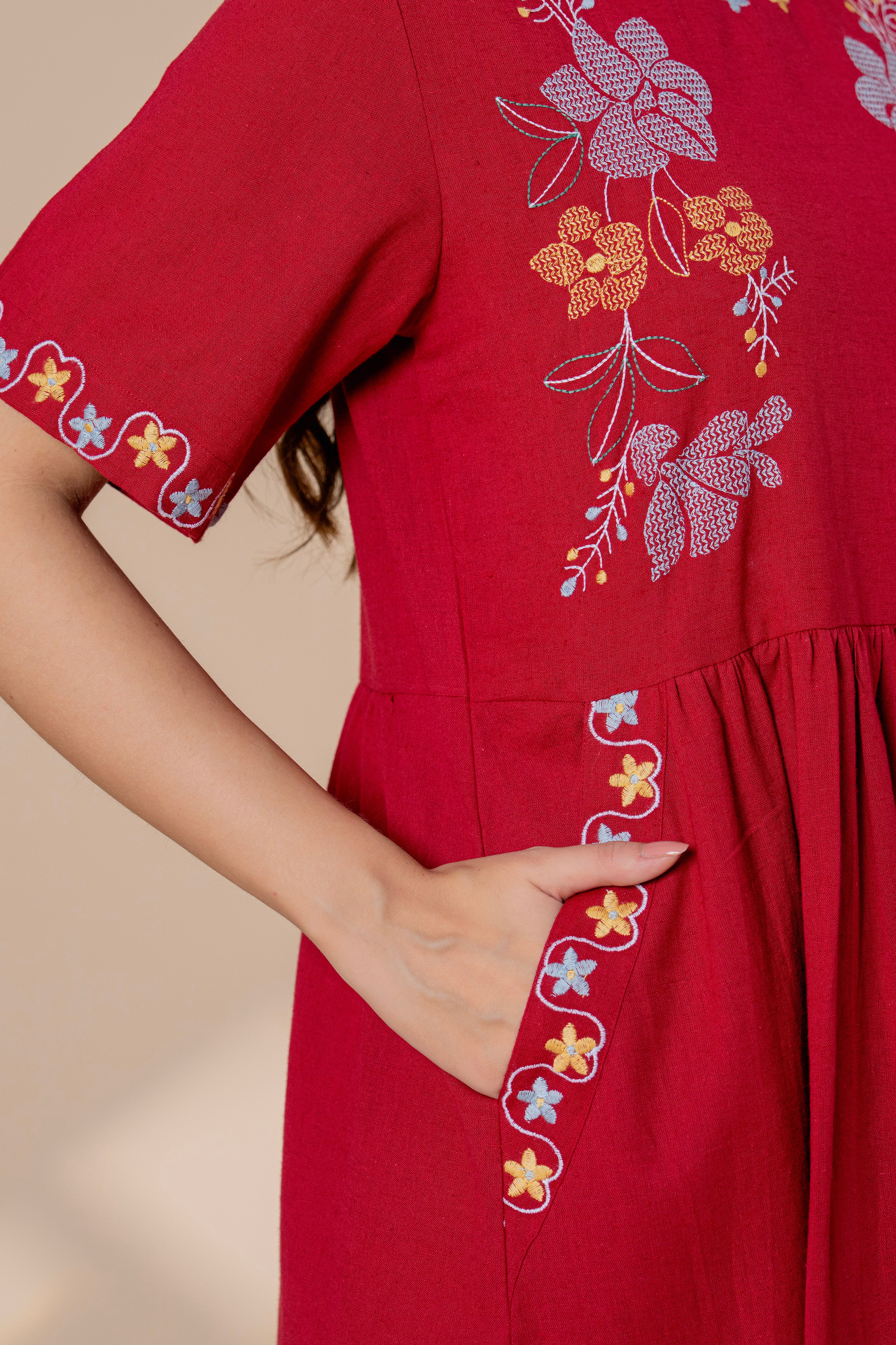 Timeless Red Cotton Embroidered Midi Dress