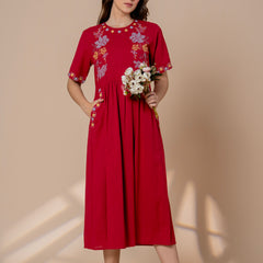 Timeless Red Cotton Embroidered Midi Dress