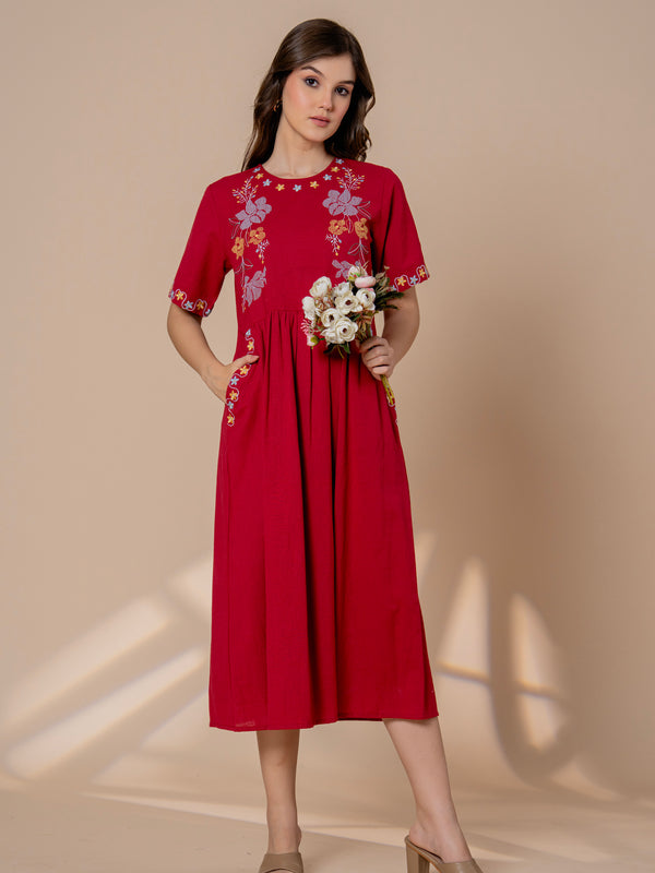 Timeless Red Cotton Embroidered Midi Dress