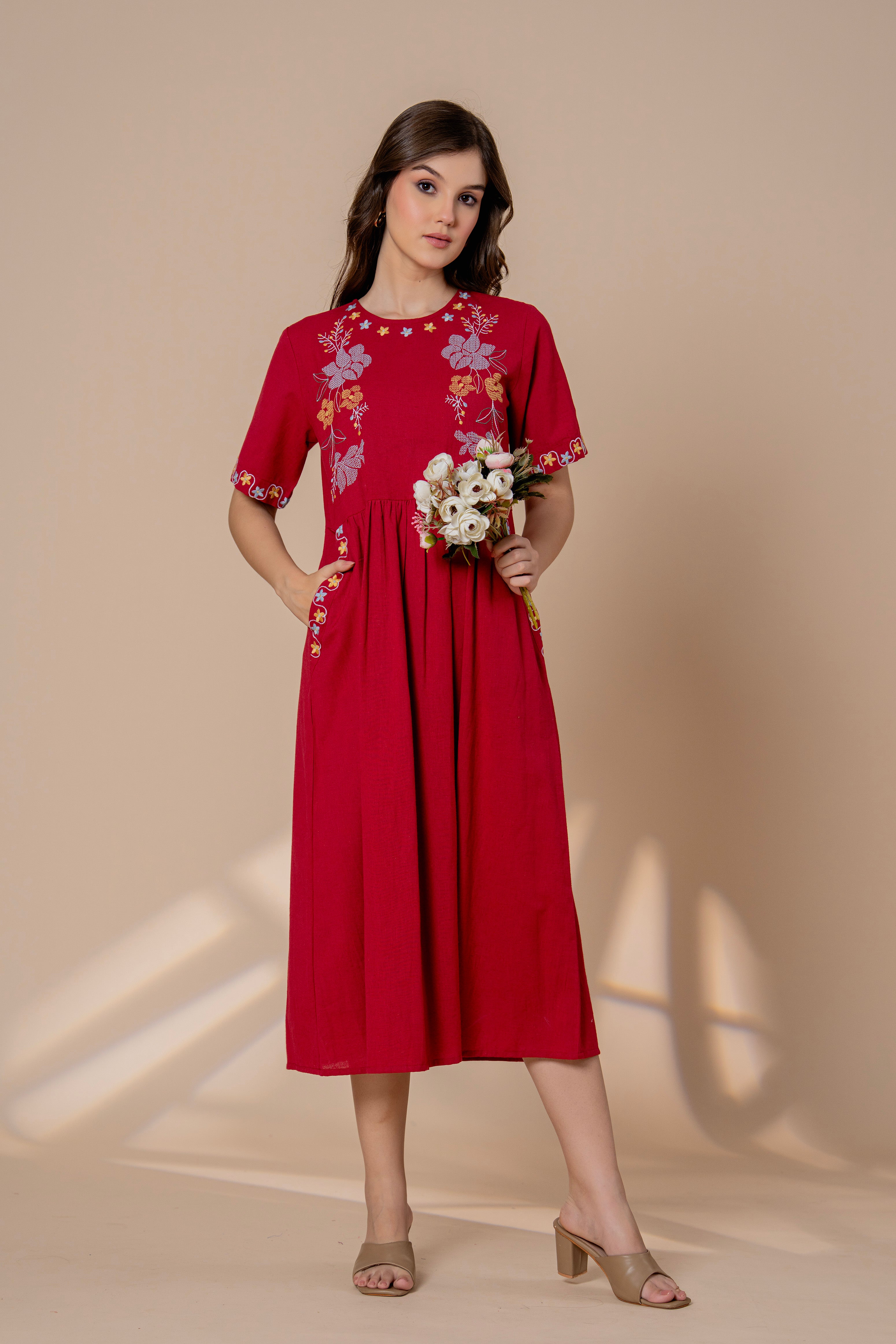 Timeless Red Cotton Embroidered Midi Dress