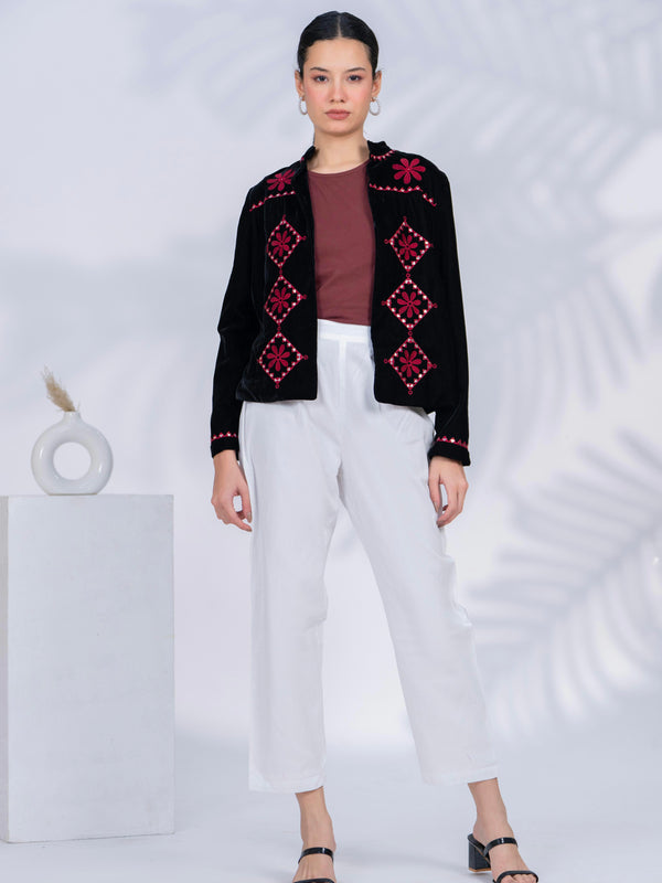 Black Poly Velvet Embroidered Jacket