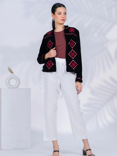 Black Poly Velvet Embroidered Jacket