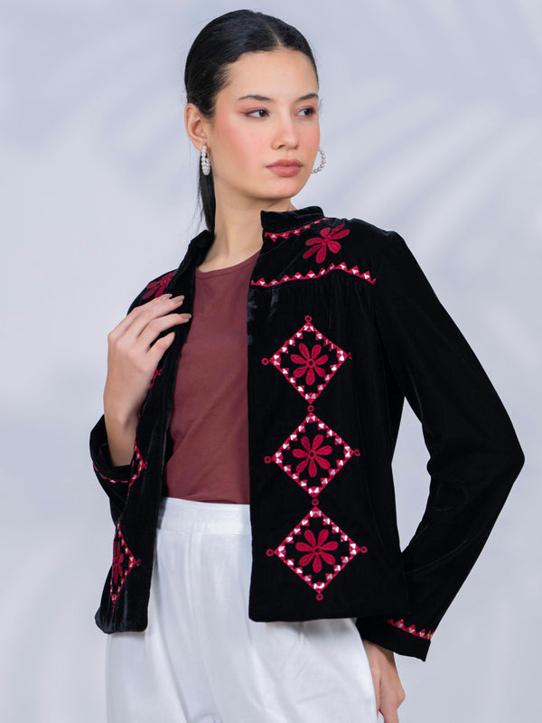 Black Poly Velvet Embroidered Jacket