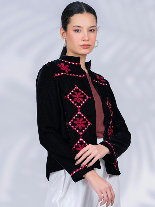 Black Poly Velvet Embroidered Jacket