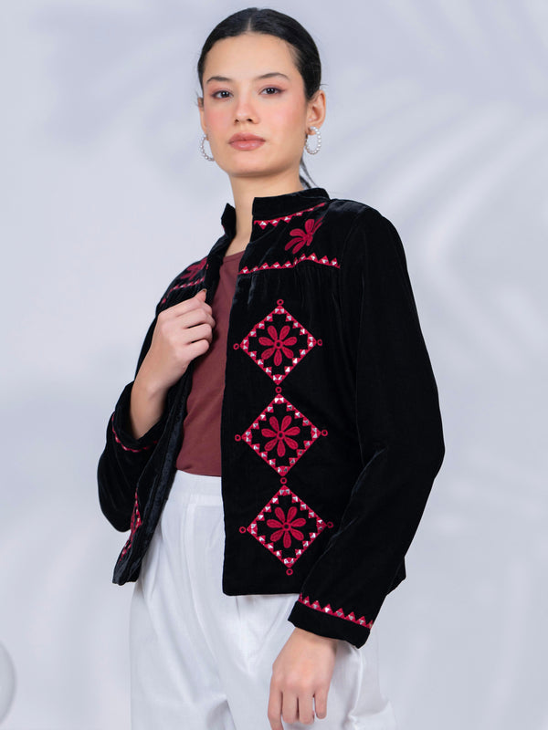 Black Poly Velvet Embroidered Jacket