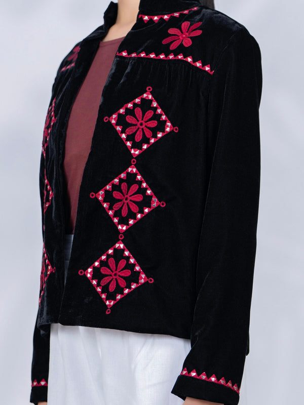Black Poly Velvet Embroidered Jacket
