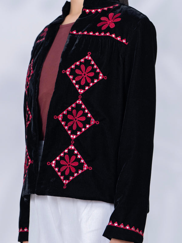 Black Poly Velvet Embroidered Jacket
