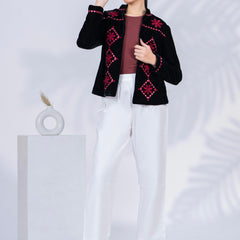 Black Poly Velvet Embroidered Jacket