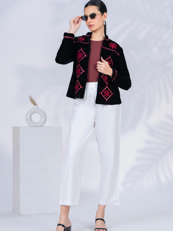 Black Poly Velvet Embroidered Jacket