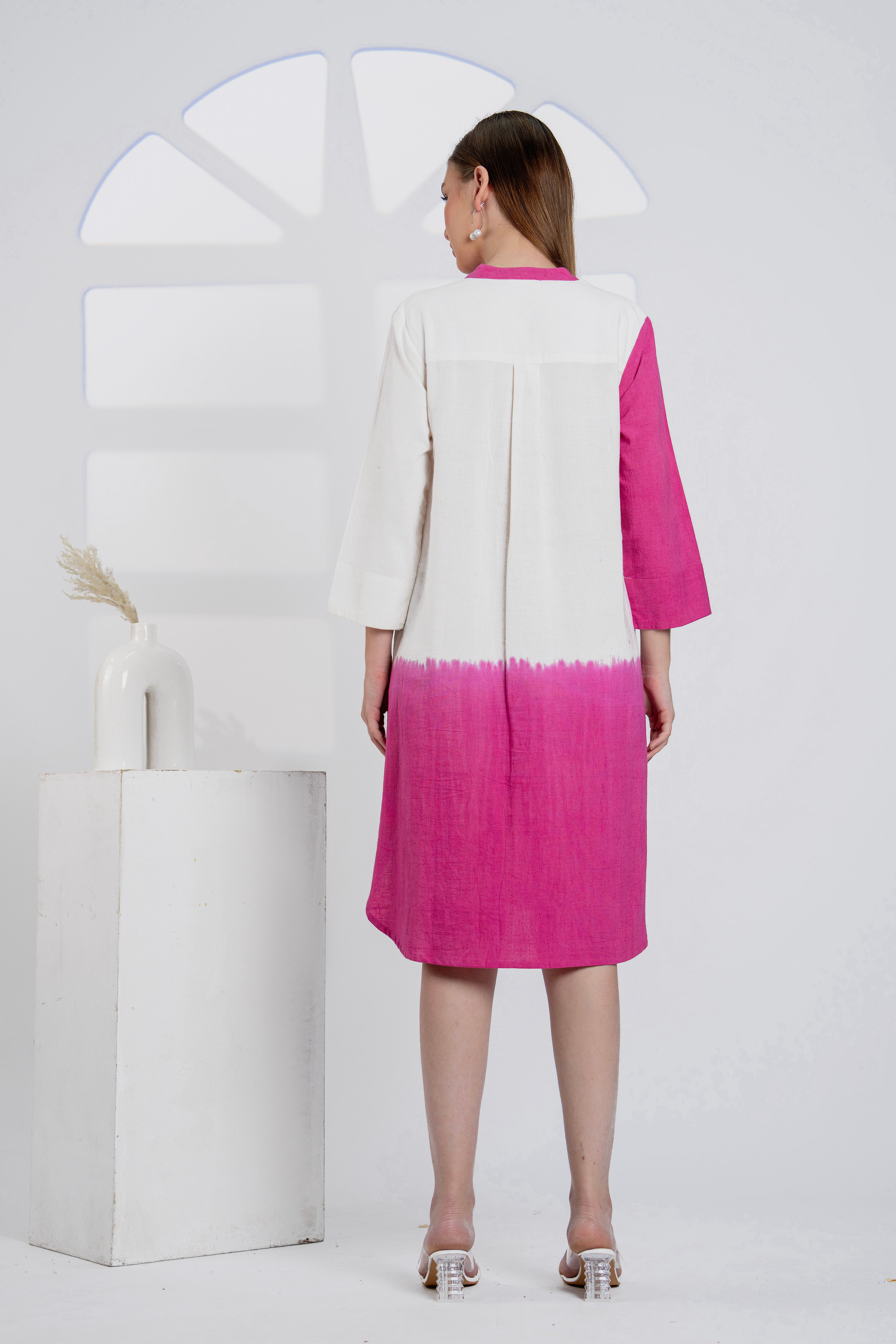 Timeless Pink & White Cotton Dress with Floral Embroidery