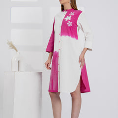 Timeless Pink & White Cotton Dress with Floral Embroidery