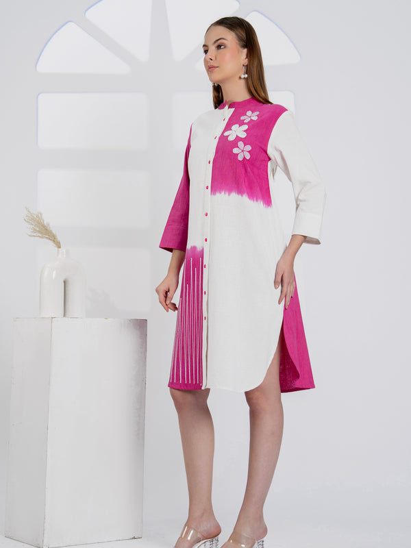 Timeless Pink & White Cotton Dress with Floral Embroidery