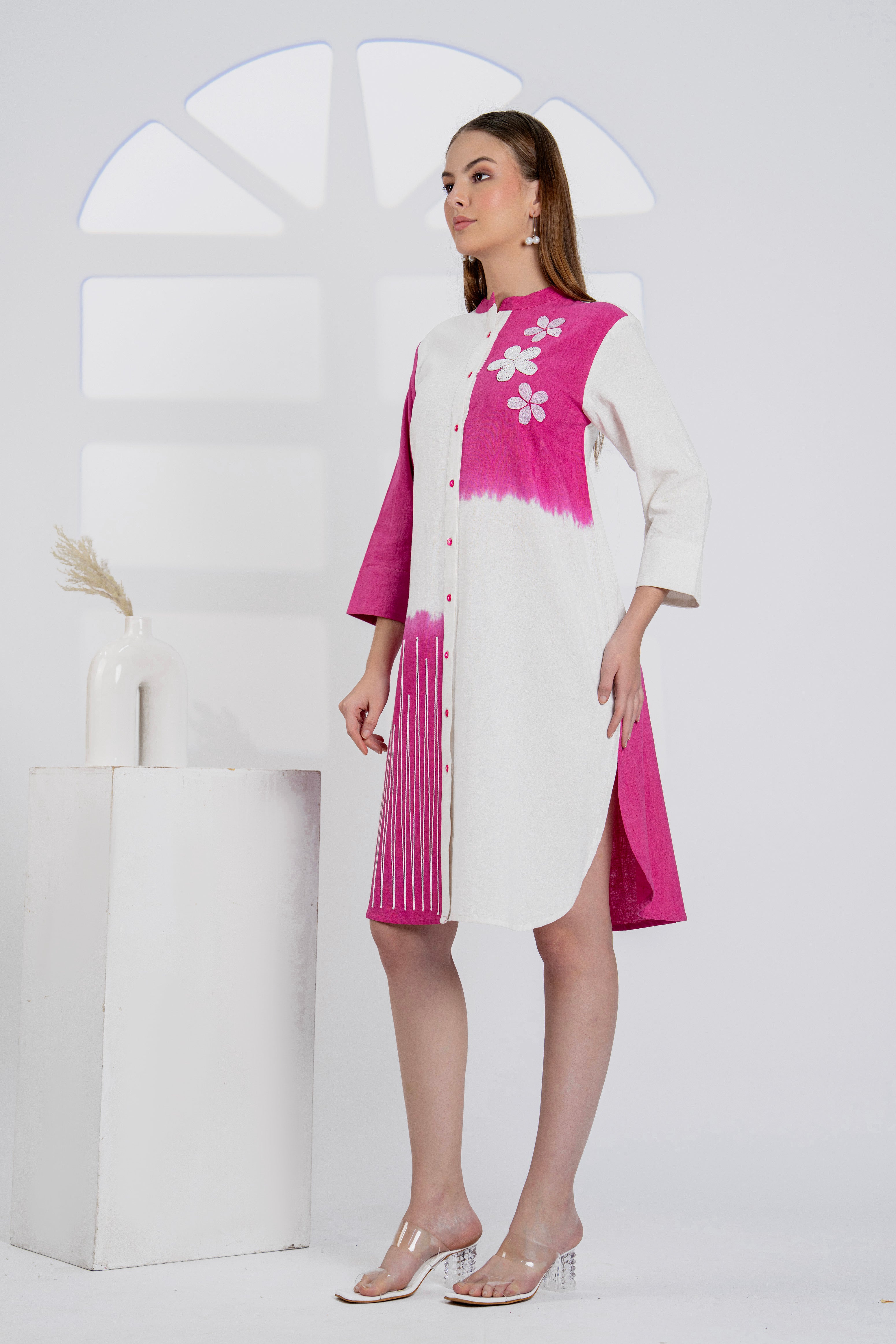 Timeless Pink & White Cotton Dress with Floral Embroidery