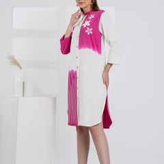 Timeless Pink & White Cotton Dress with Floral Embroidery