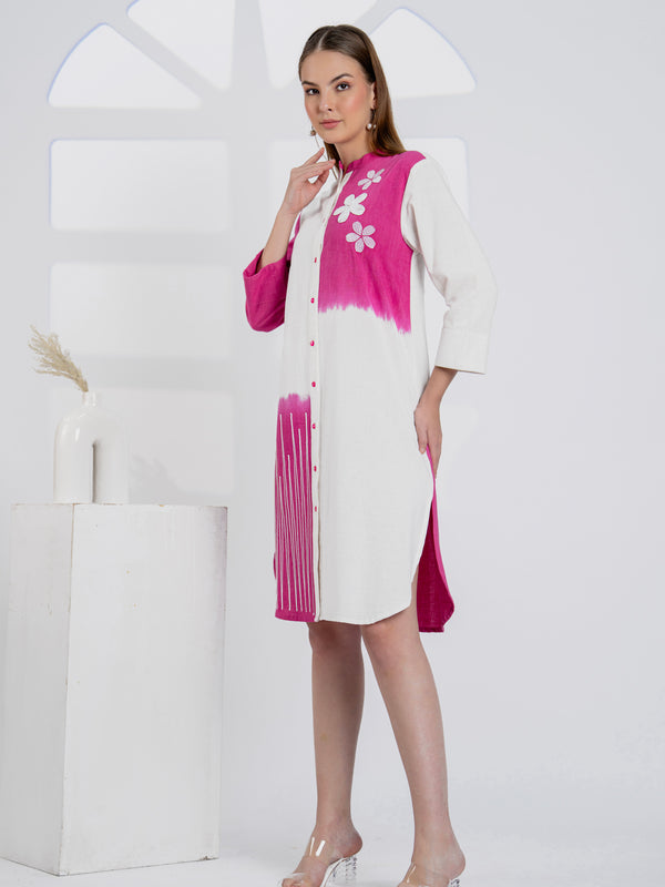 Timeless Pink & White Cotton Dress with Floral Embroidery