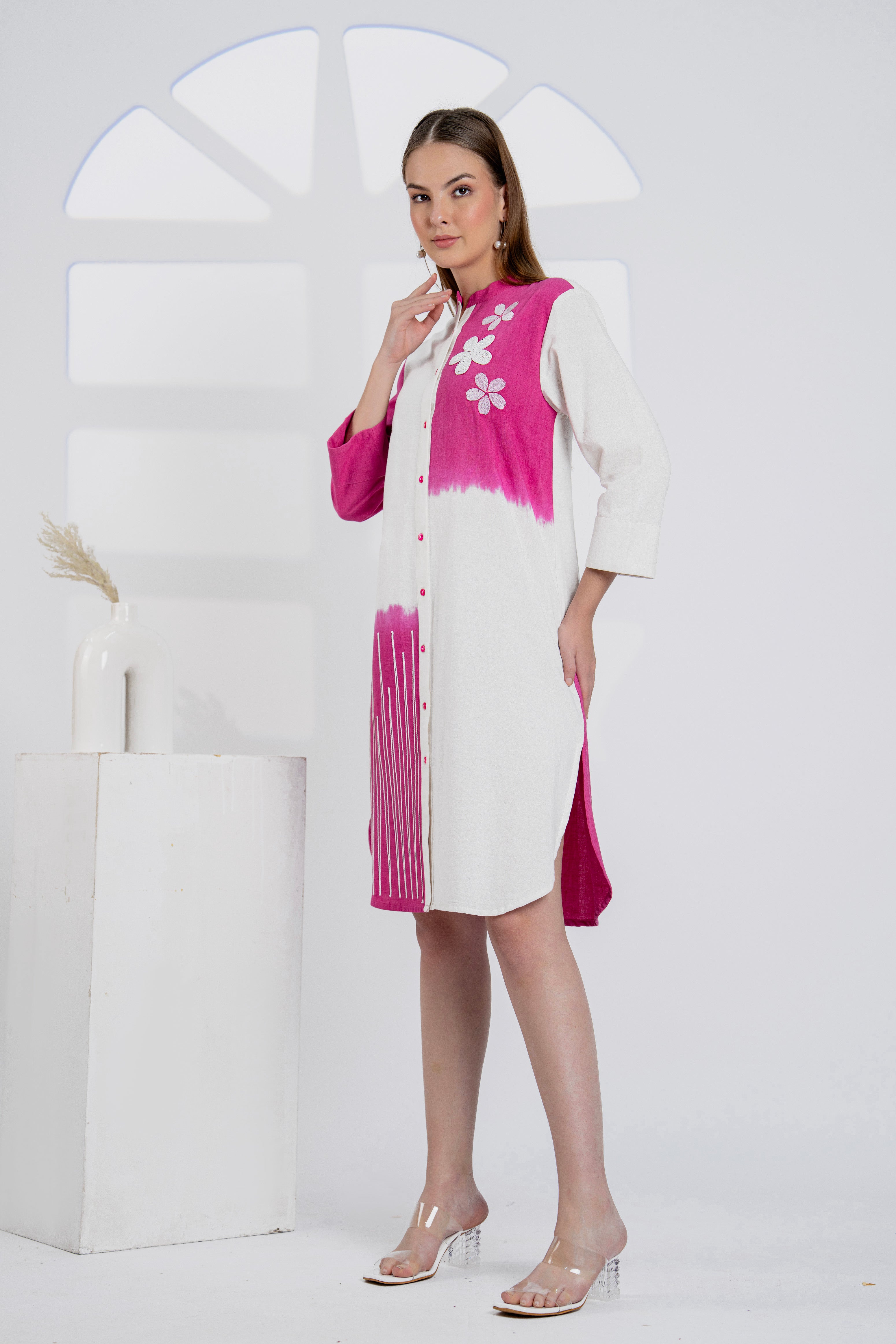 Timeless Pink & White Cotton Dress with Floral Embroidery