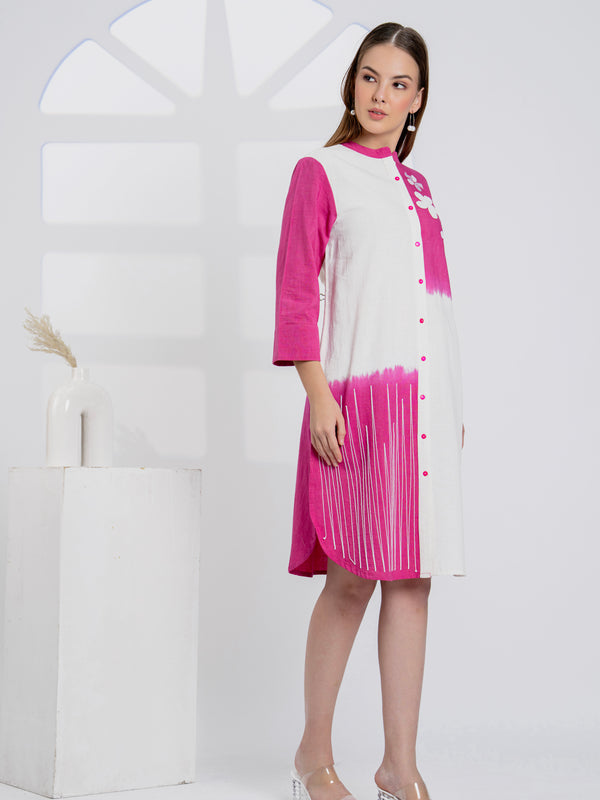 Timeless Pink & White Cotton Dress with Floral Embroidery